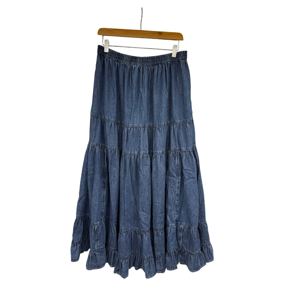 American Eagle Outfitters Denim Tiered Maxi Skirt Cotton Boho Ruffle Western L